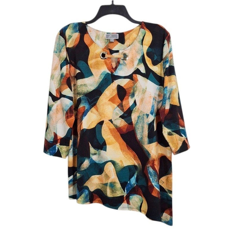 JM Collection Top PXL Multicolor Tunic Abstract Asymmetrical Grommet Art to Wear